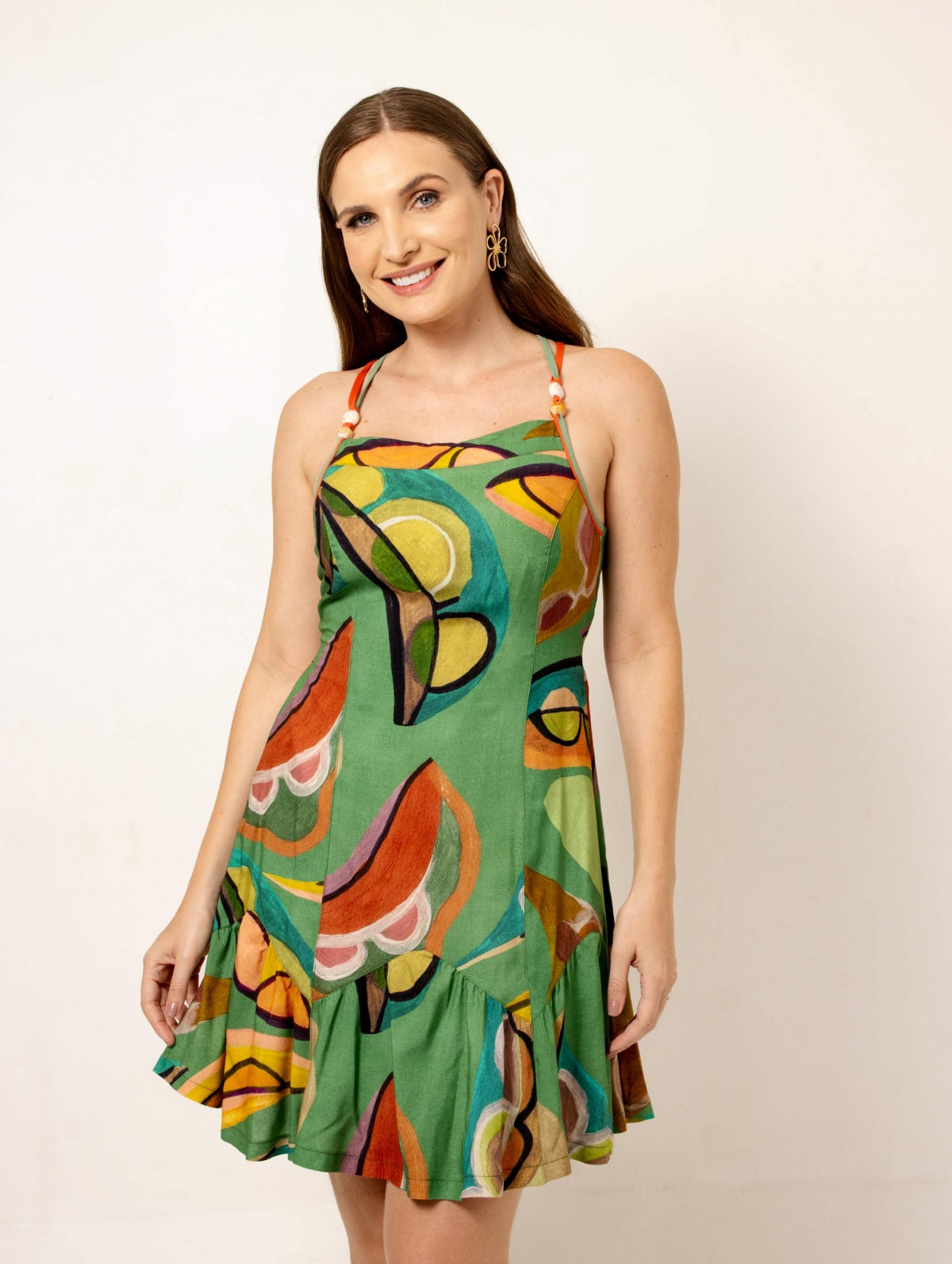 Vestido Verde Estampado Babado no Barrado Amarração nas Costas