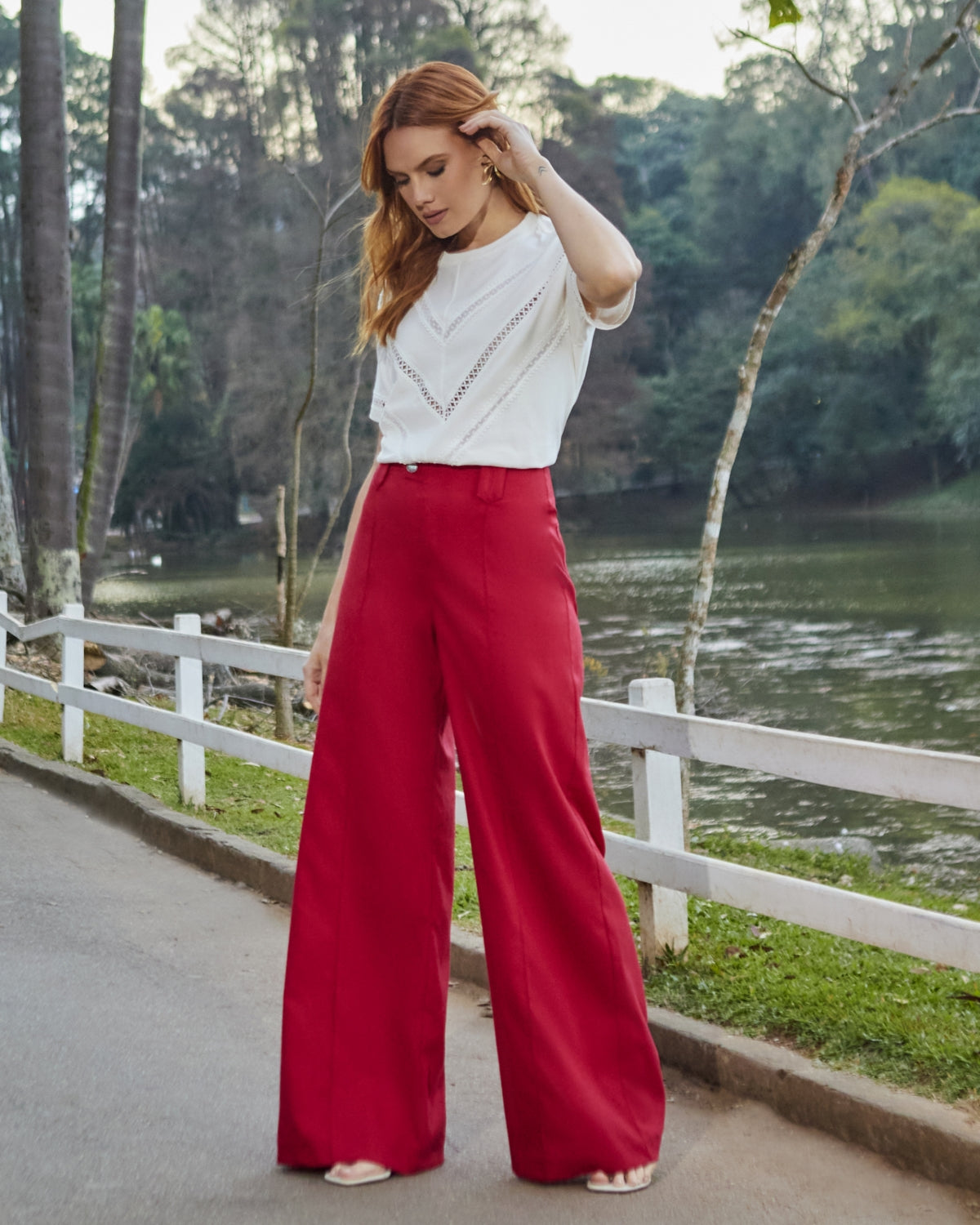 Calça Vermelha Pantalona Cós Alto
