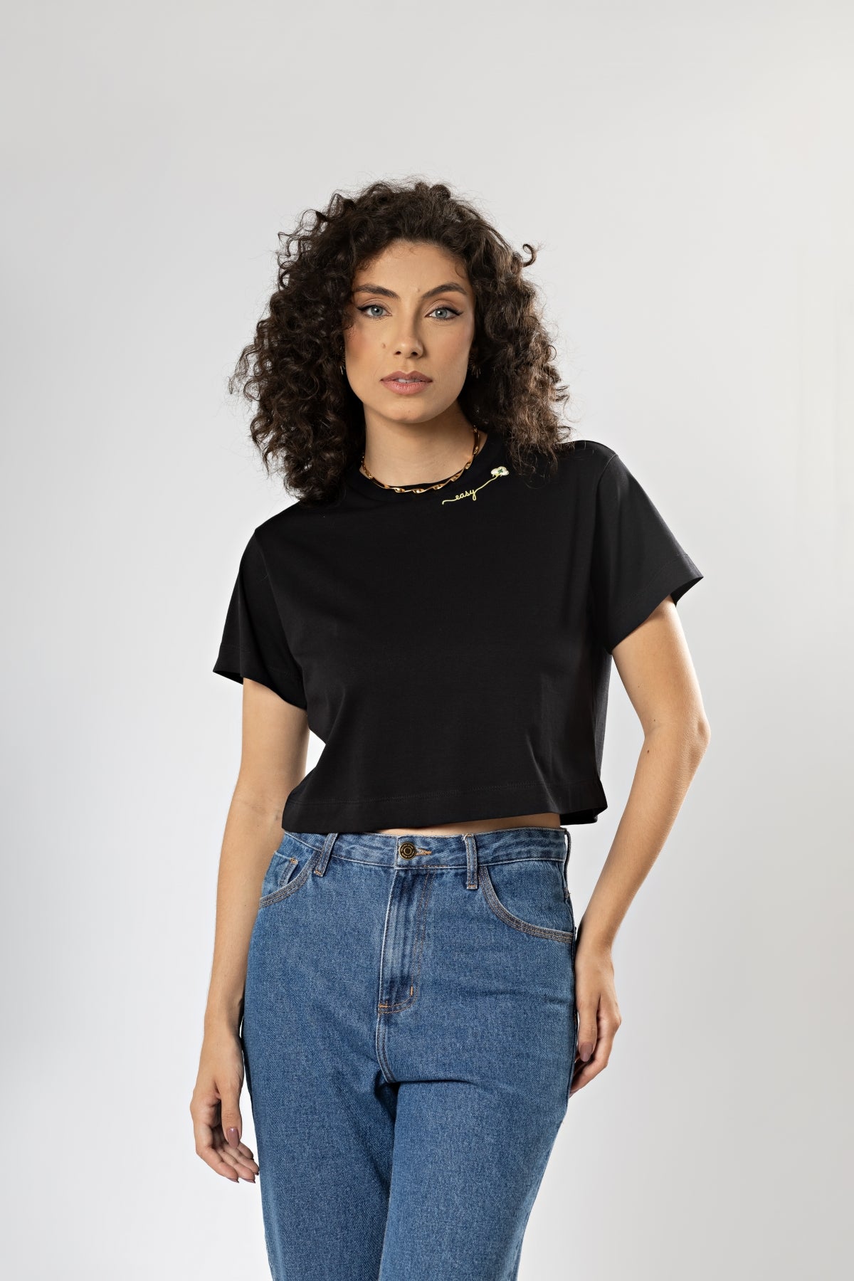 Camiseta Curta Básica Easy Preta Gola Redonda Algodão Egípcio