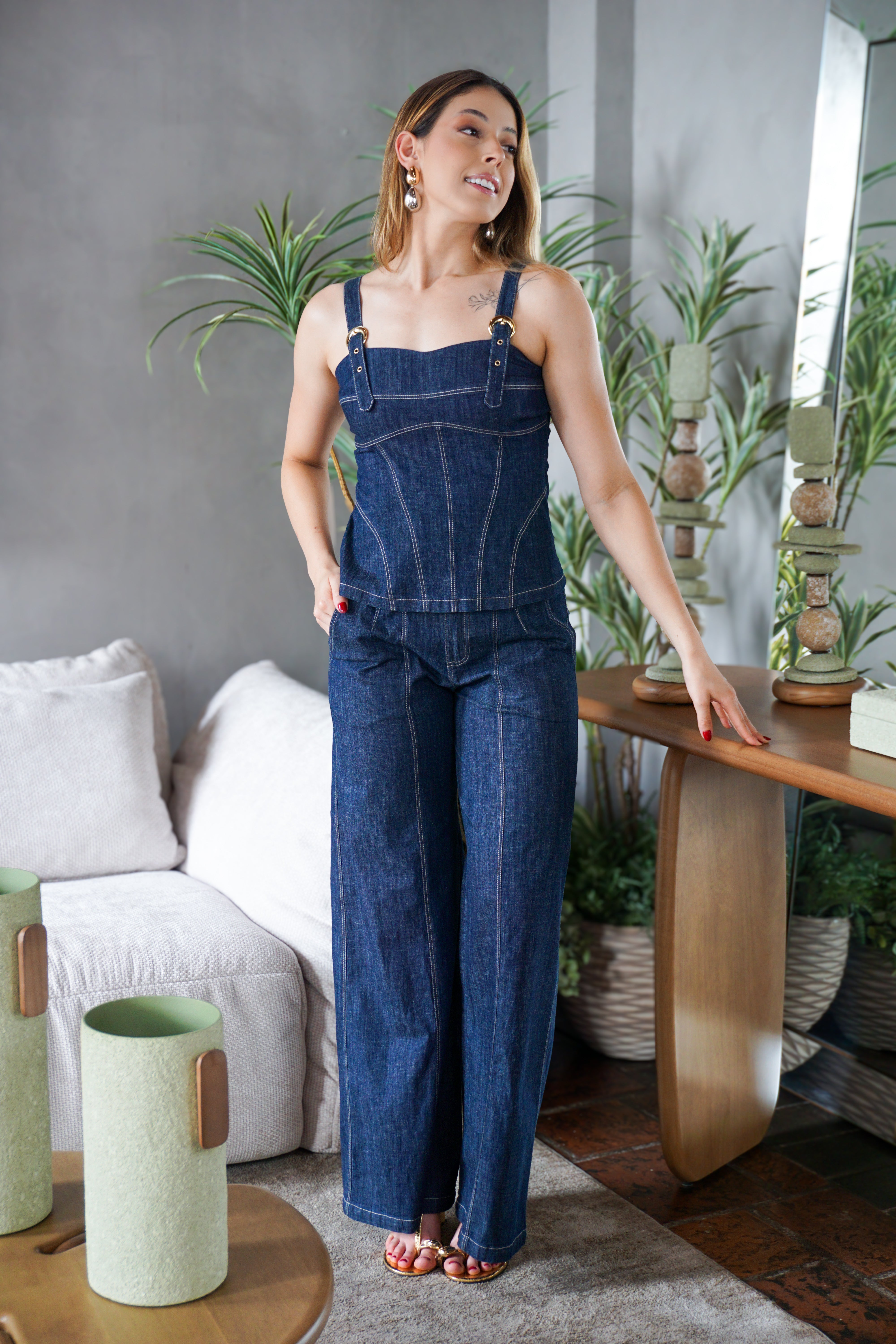 Calça Jeans Azul Escuro Wide Leg