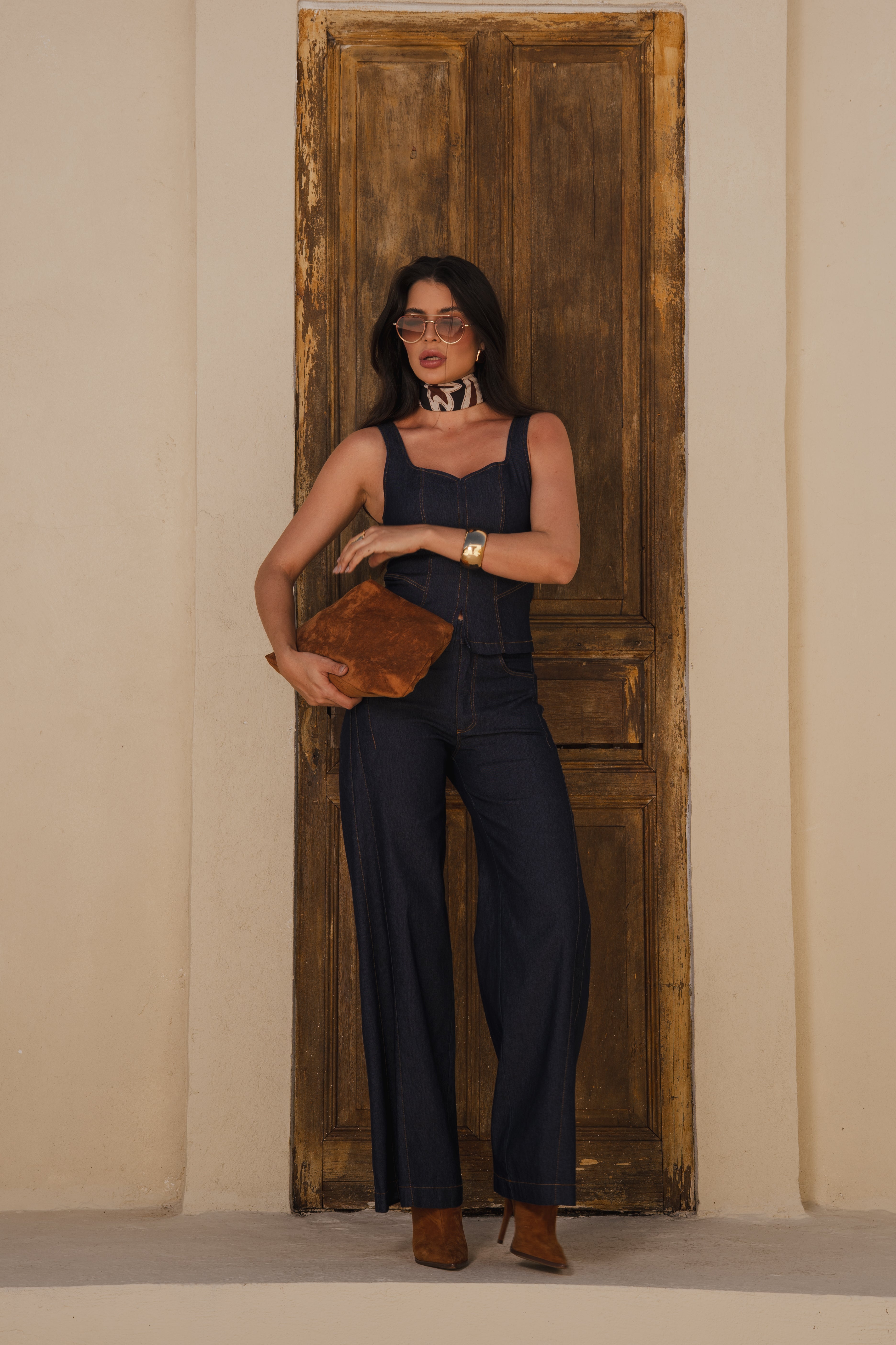 Calça Wide Leg em Jeans Azul de Algodão