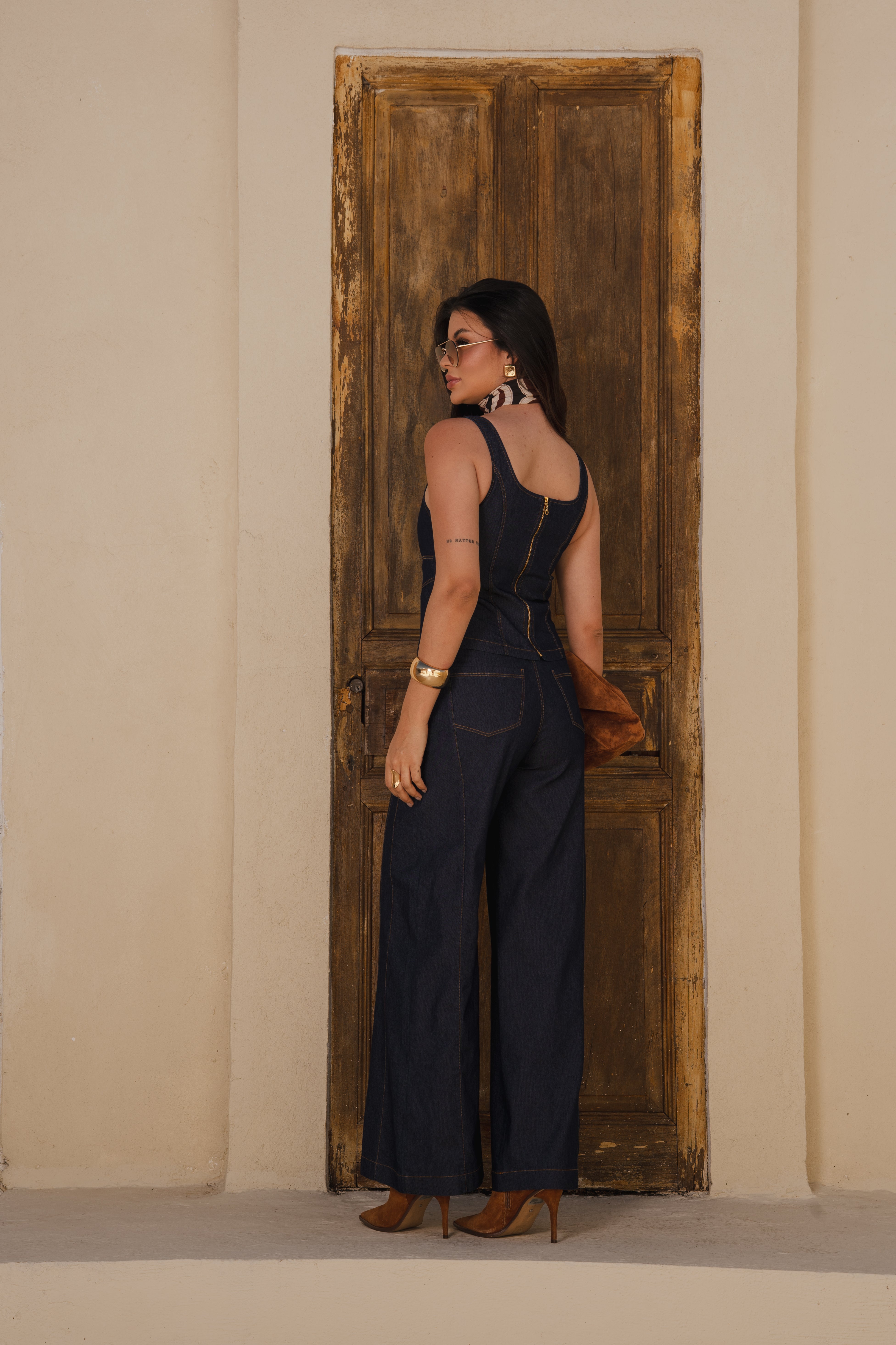 Calça Wide Leg em Jeans Azul de Algodão