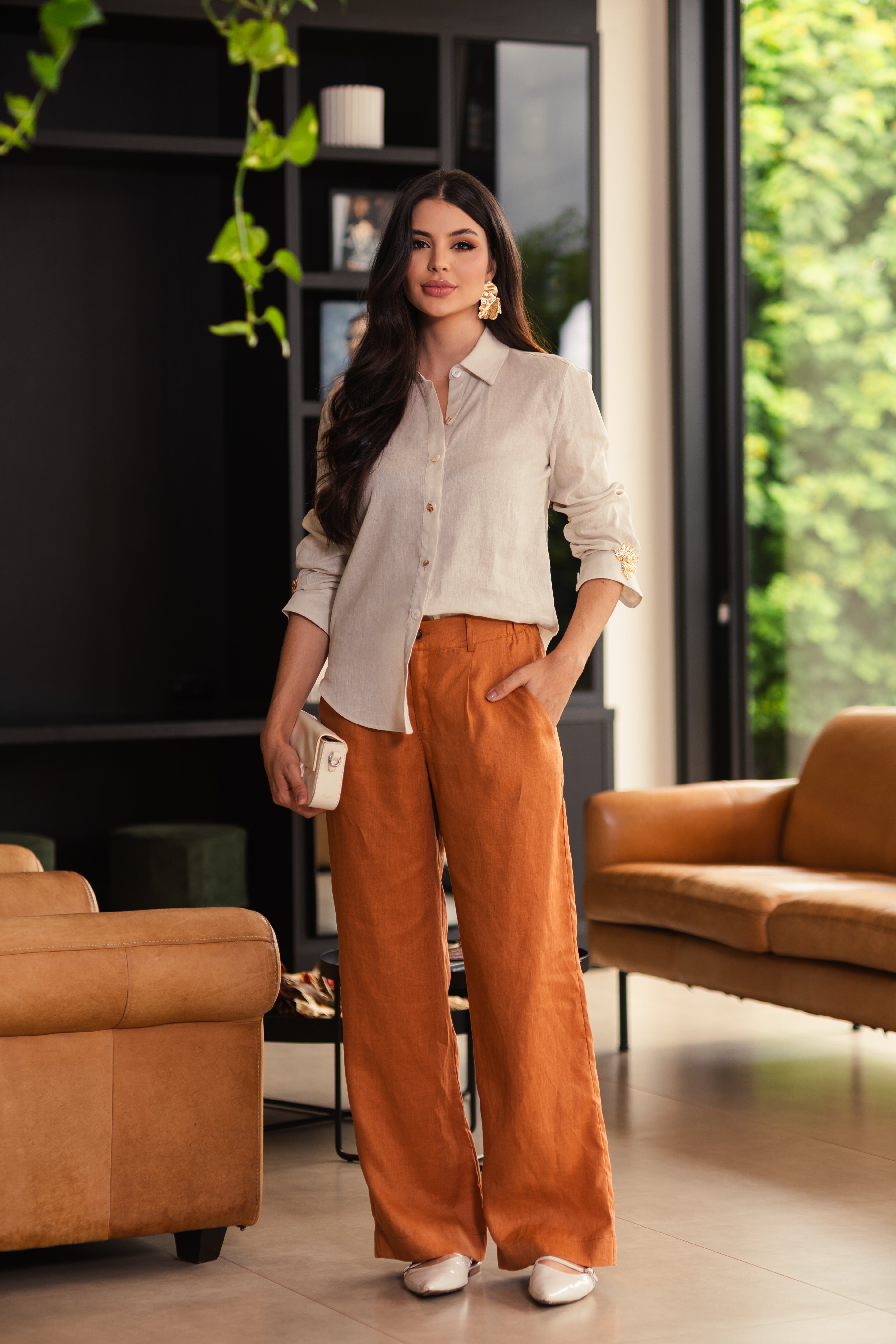 Calça Alfaiataria Caramelo de Linho