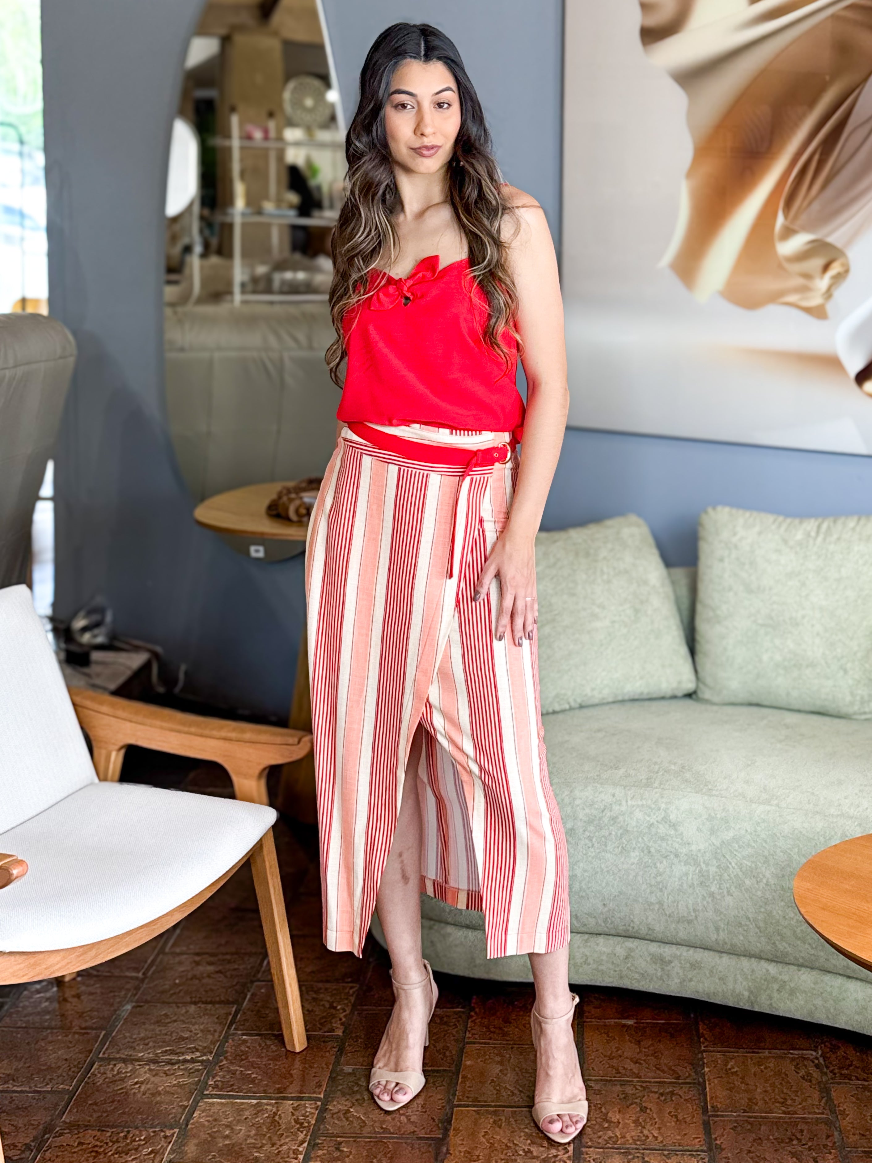 Saia Midi Vermelha Listrada Trespasse Frontal