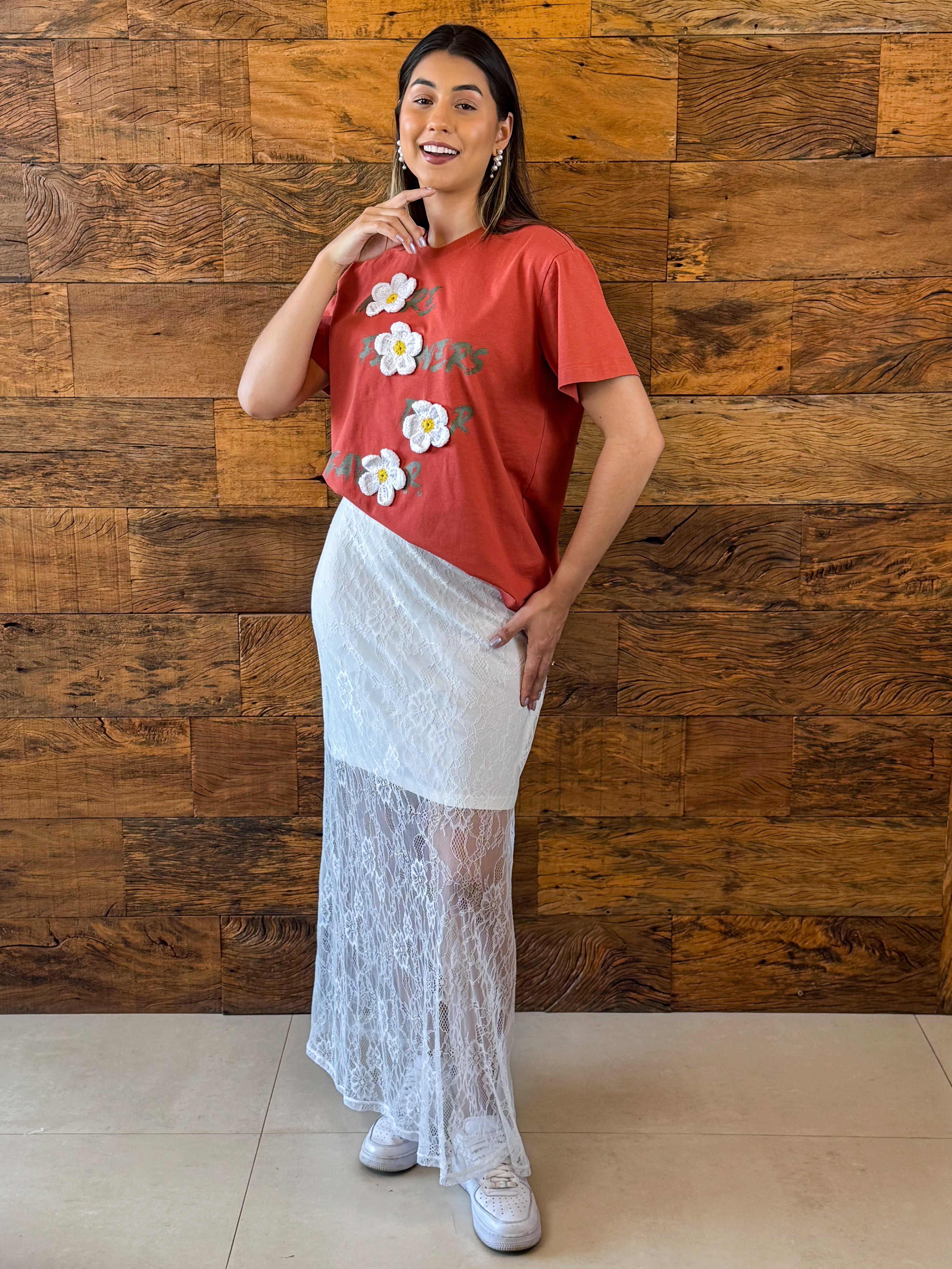 Saia Longa Off White de Renda