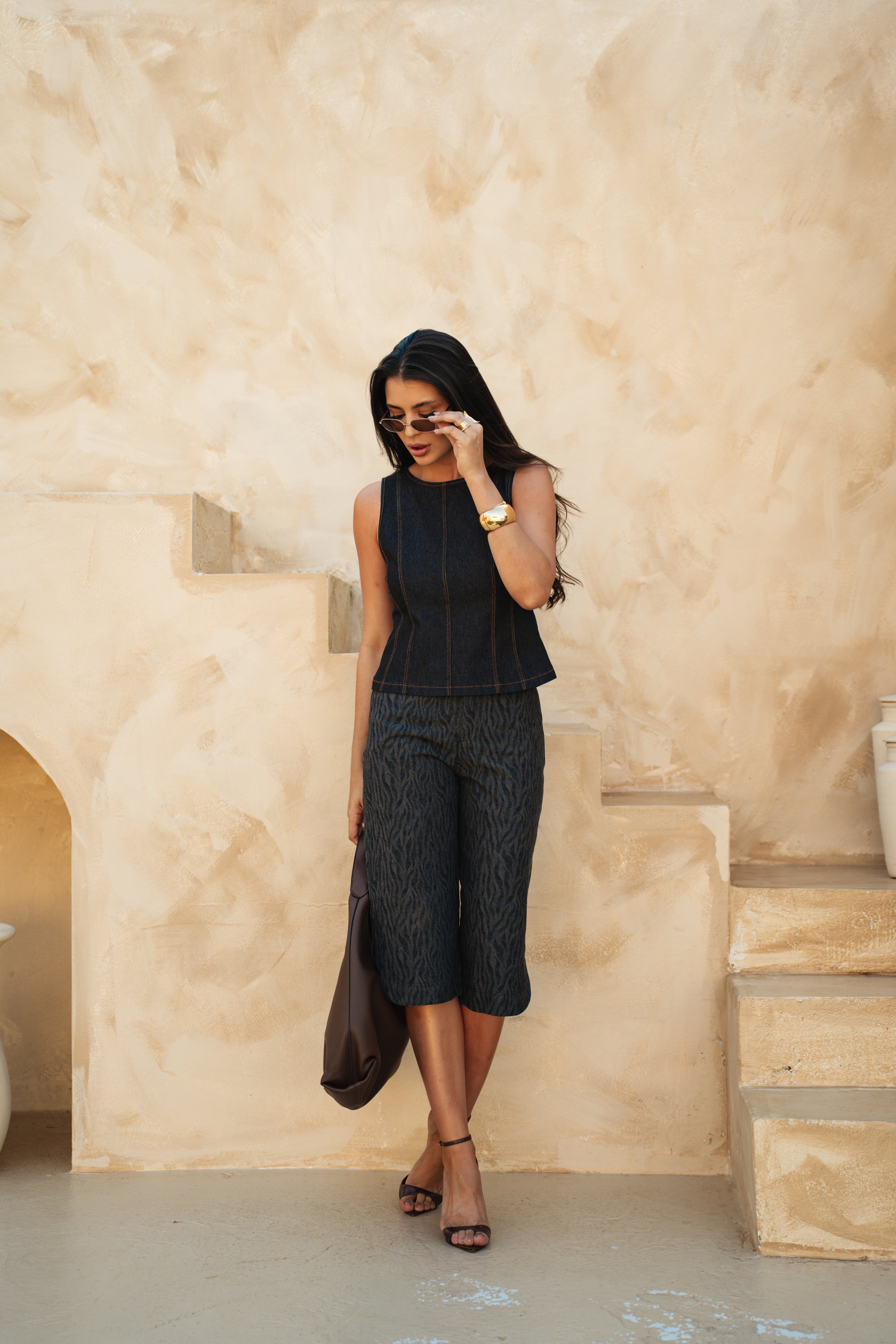 Calça Culote Zabrada Preta em Jeans  Jacquard 100% Algodão