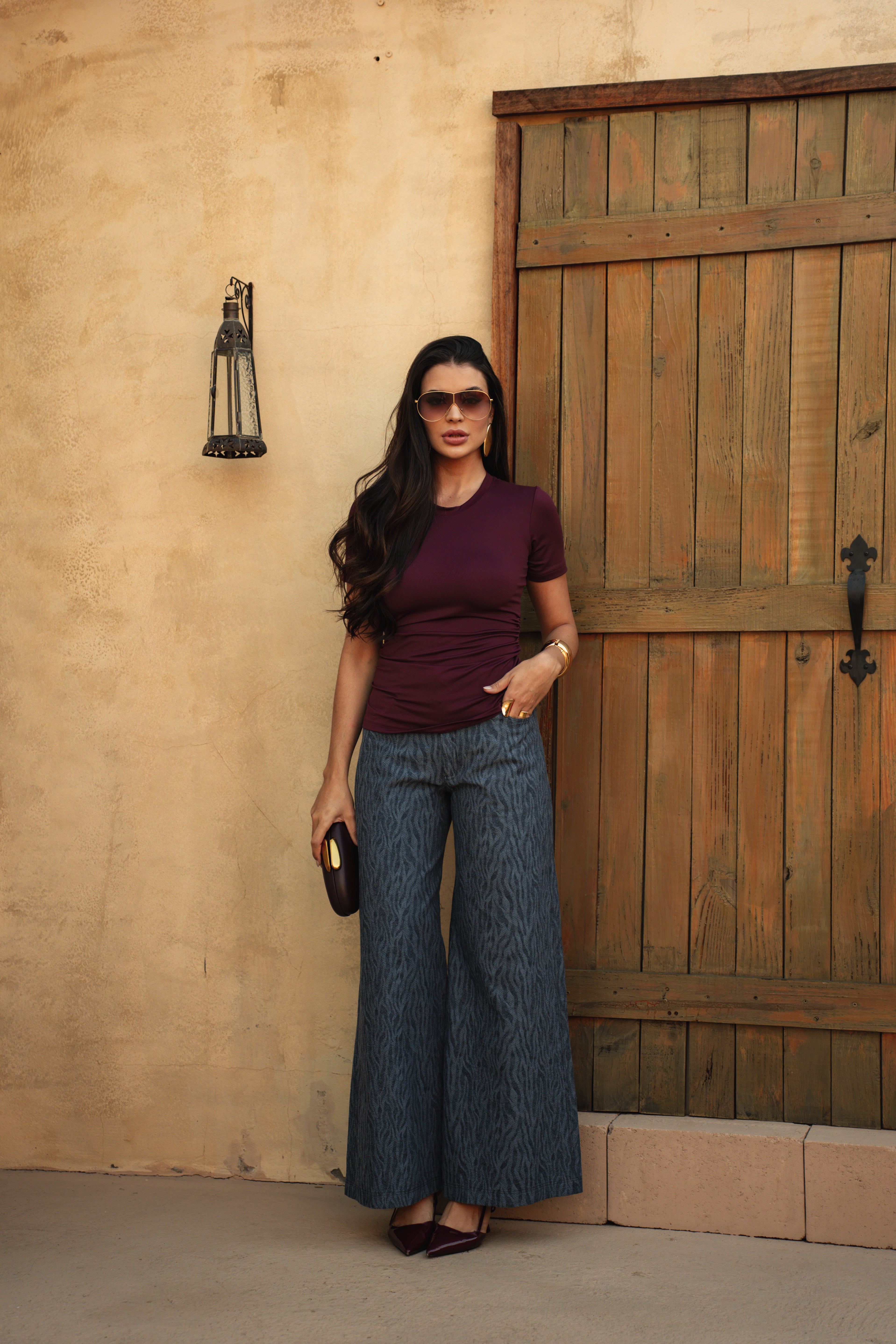 Calça Wide Leg Zabrada em Jeans Jacquard 100% Algodão