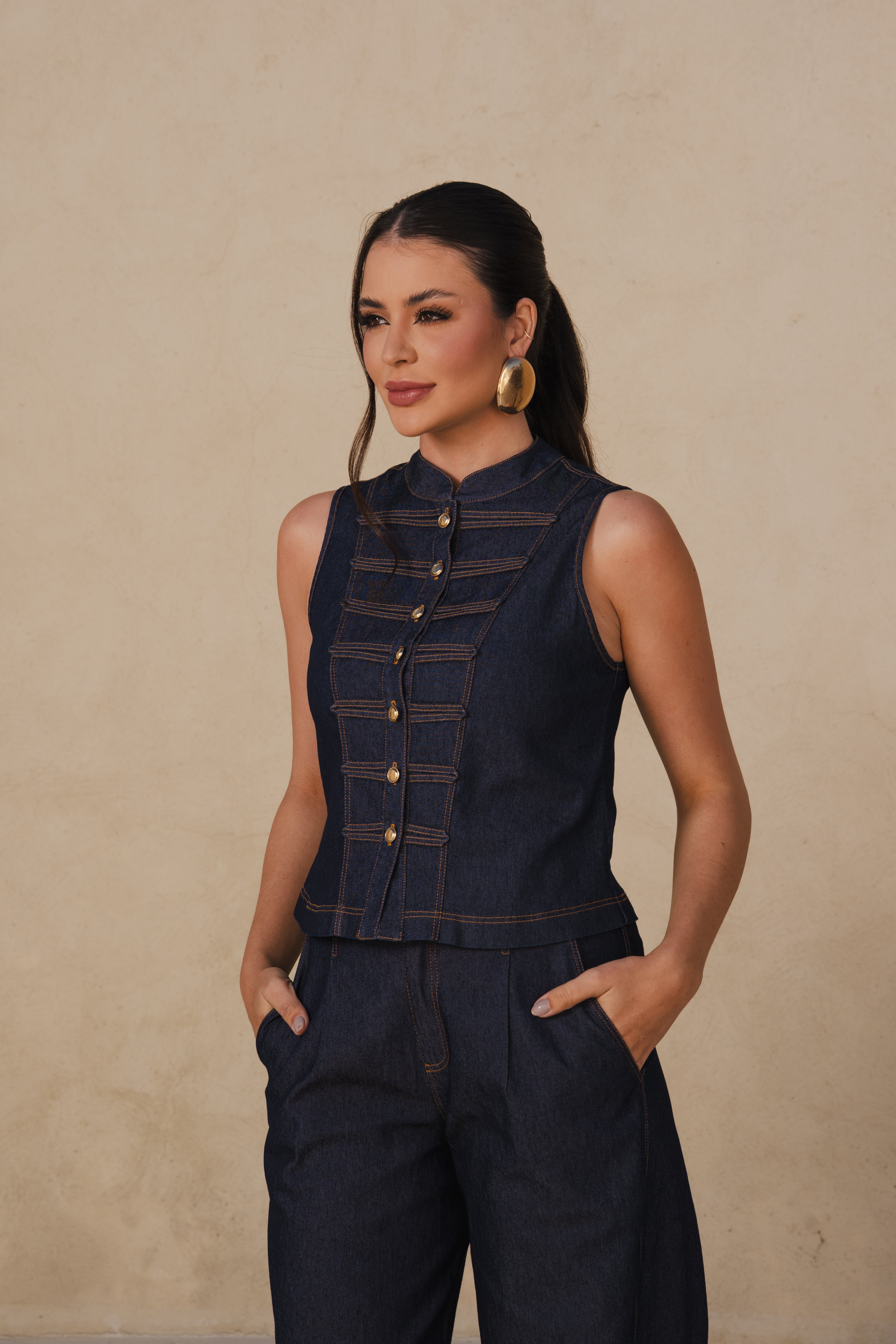 Colete Napoleônico em Jeans Azul de Algodão