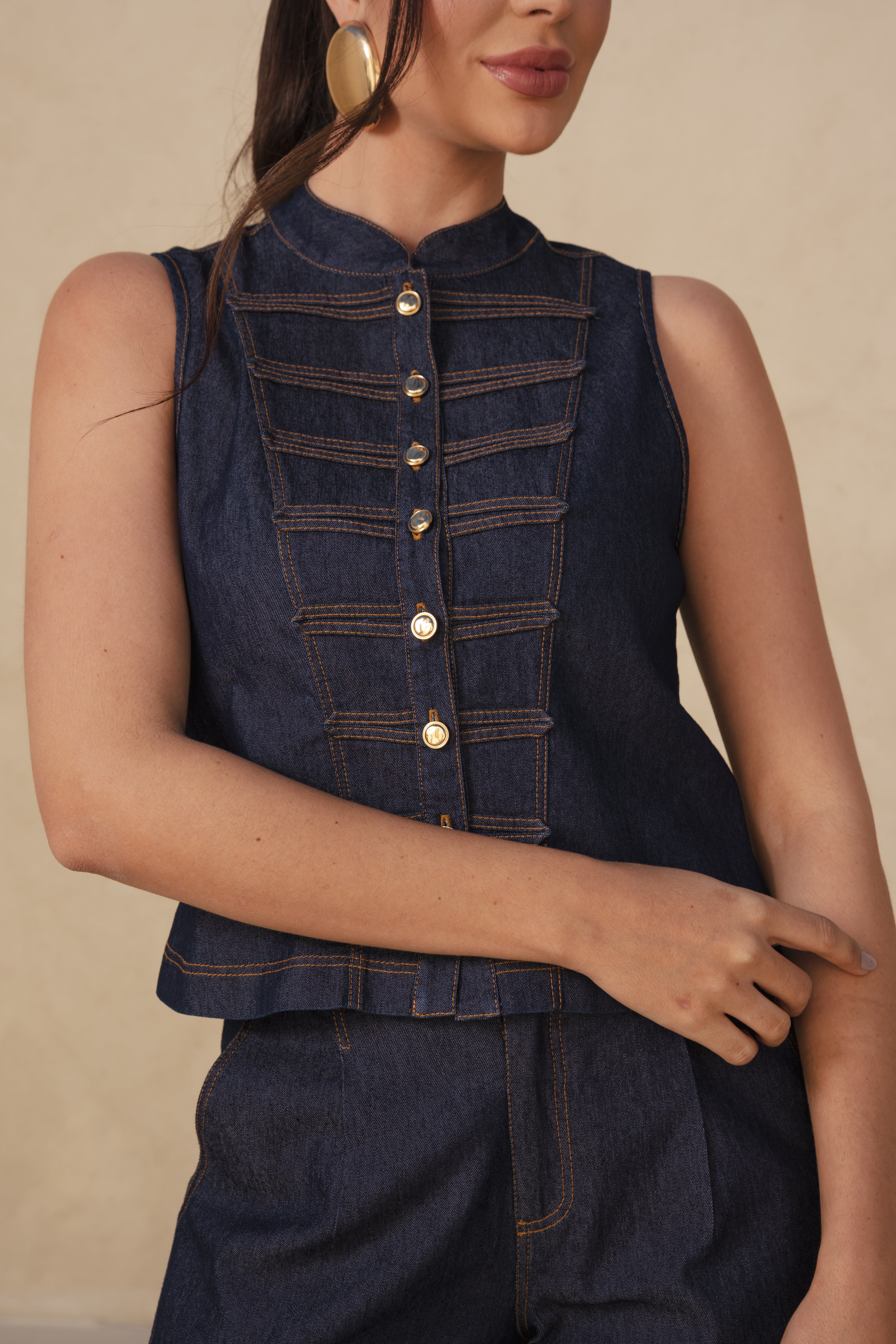 Colete Napoleônico em Jeans Azul de Algodão