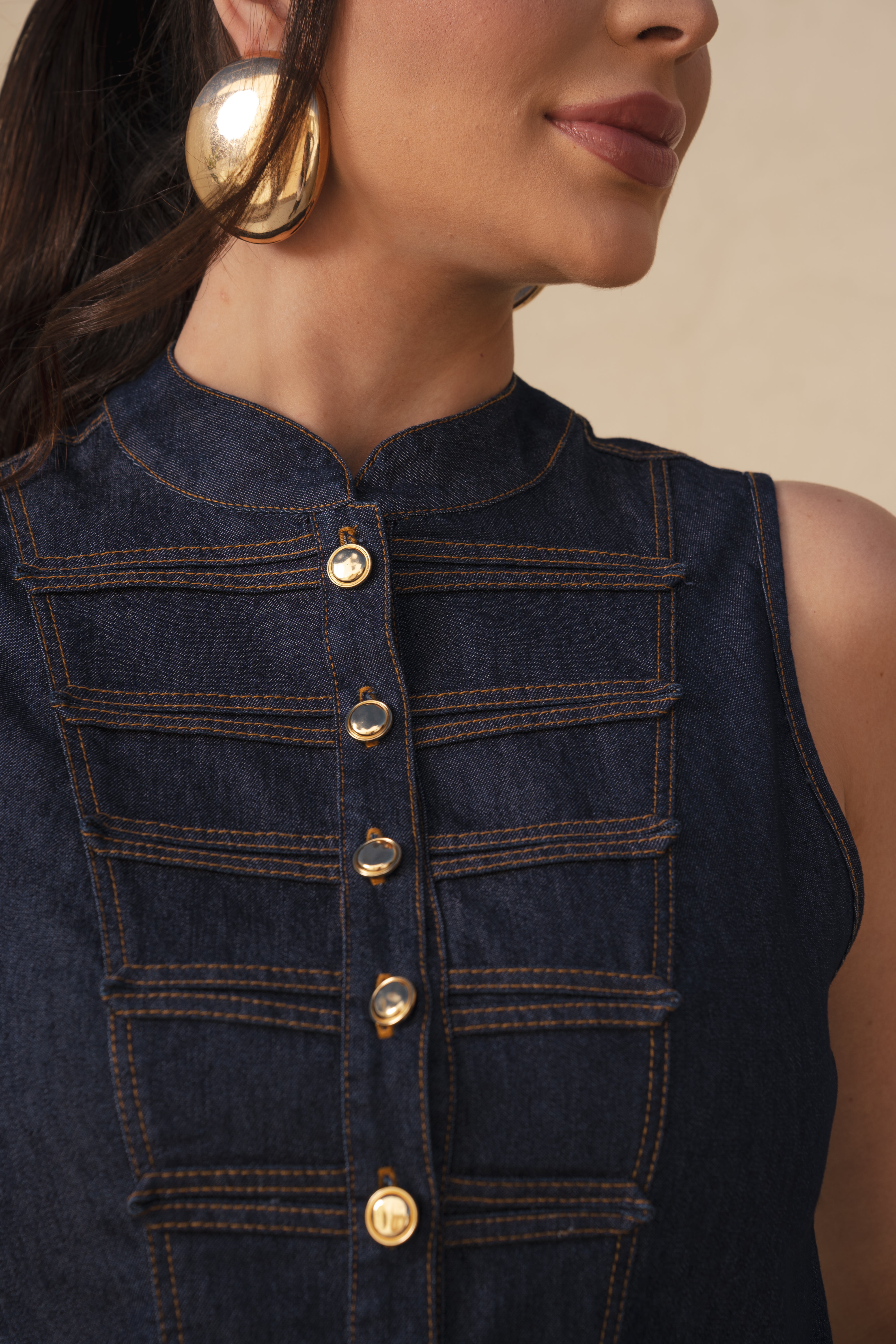 Colete Napoleônico em Jeans Azul de Algodão
