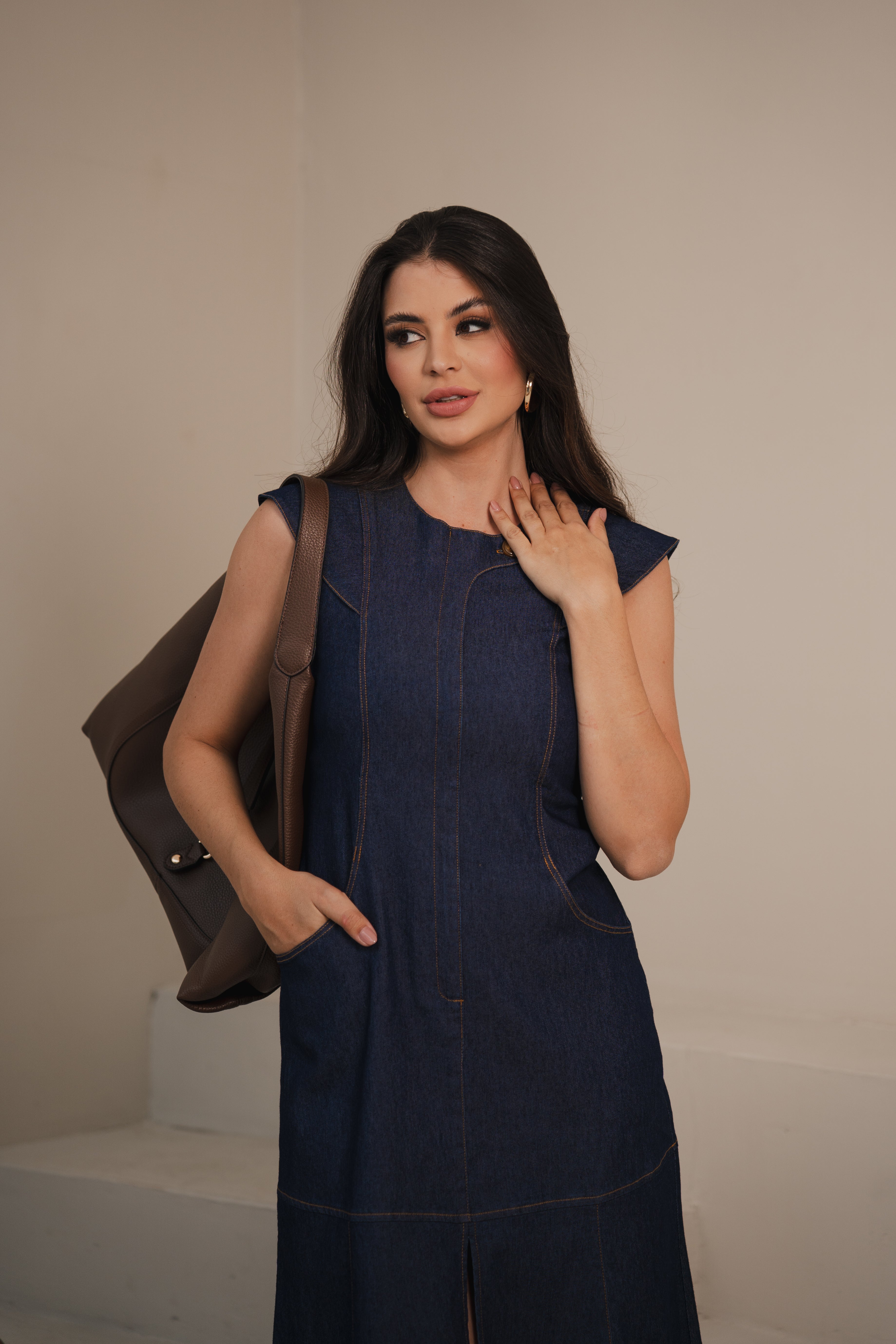 Vestido Midi em Jeans Azul de Algodão