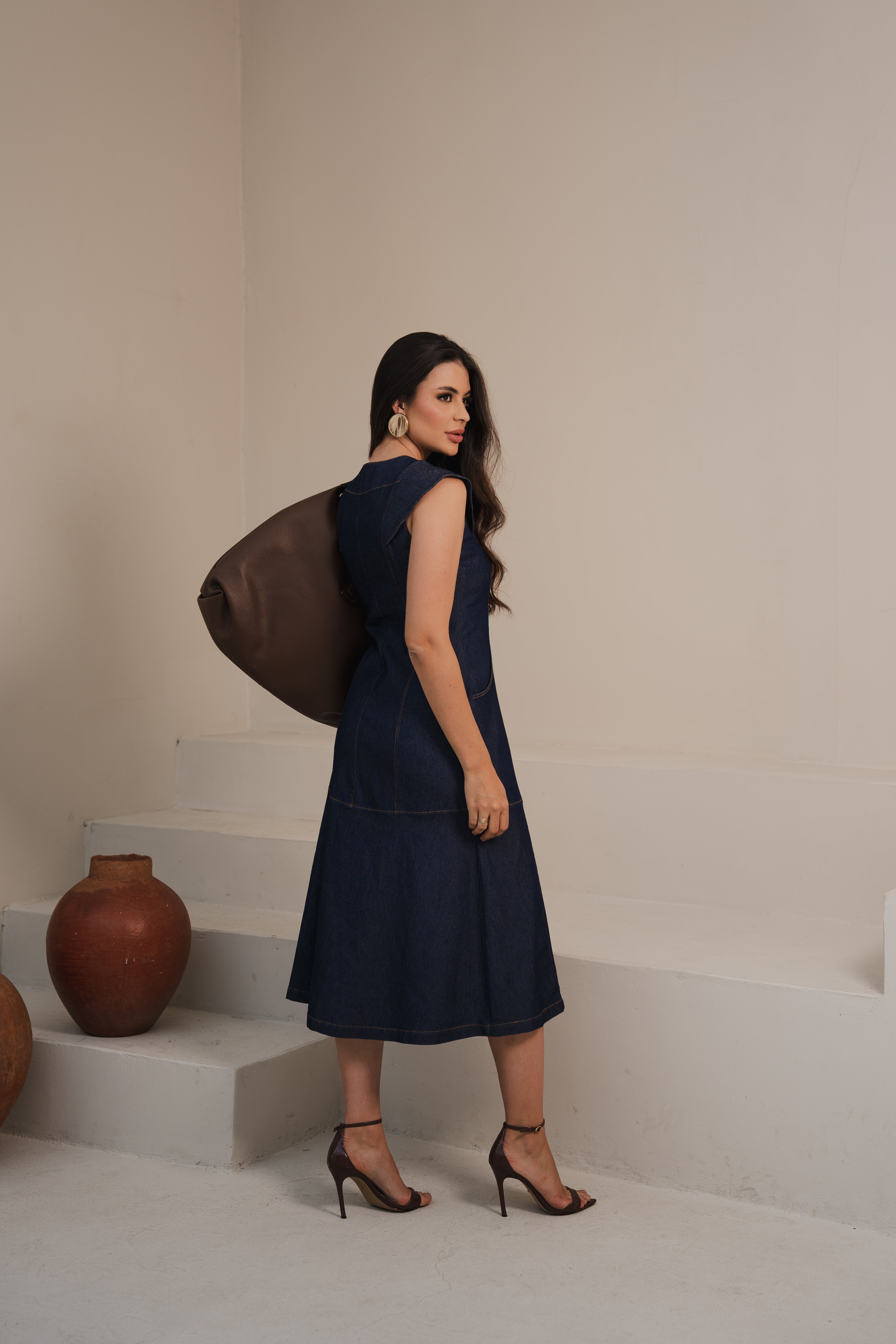 Vestido Midi em Jeans Azul de Algodão