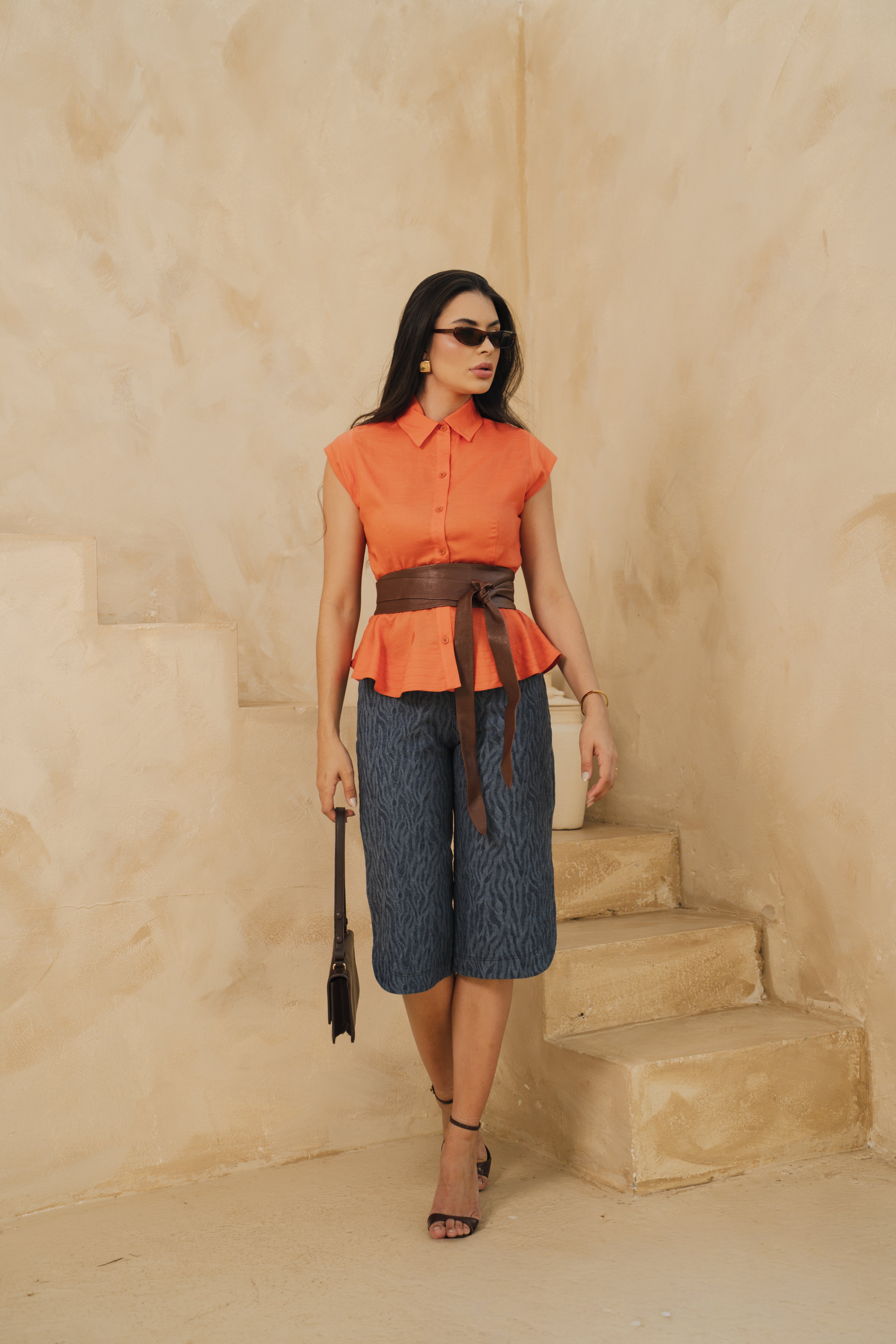 Calça Culote Zabrada Azul em Jeans Jacquard 100% Algodão
