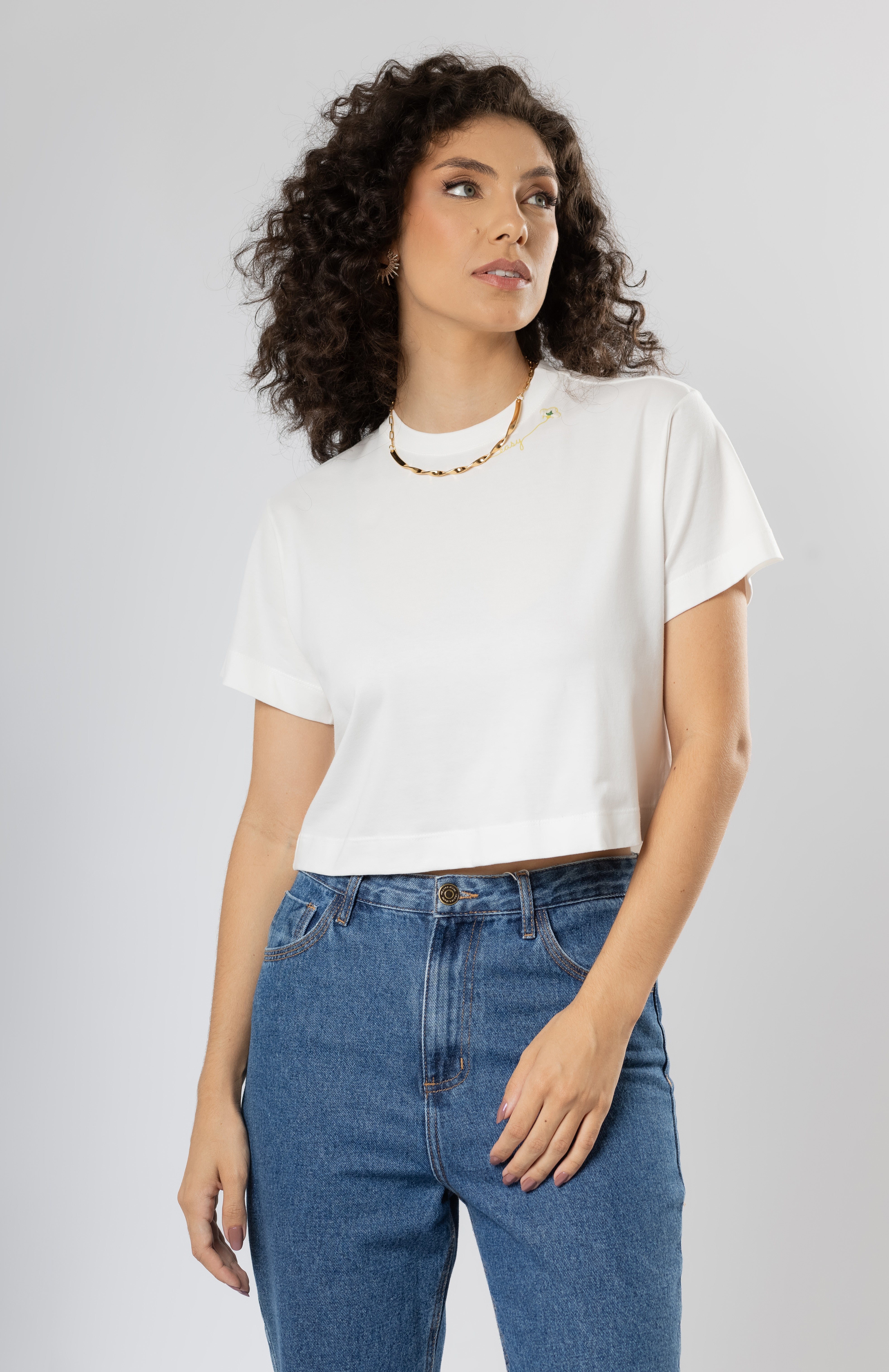 T-Shirt Curta em Algodão Egípcio Gola Redonda Easy Off White