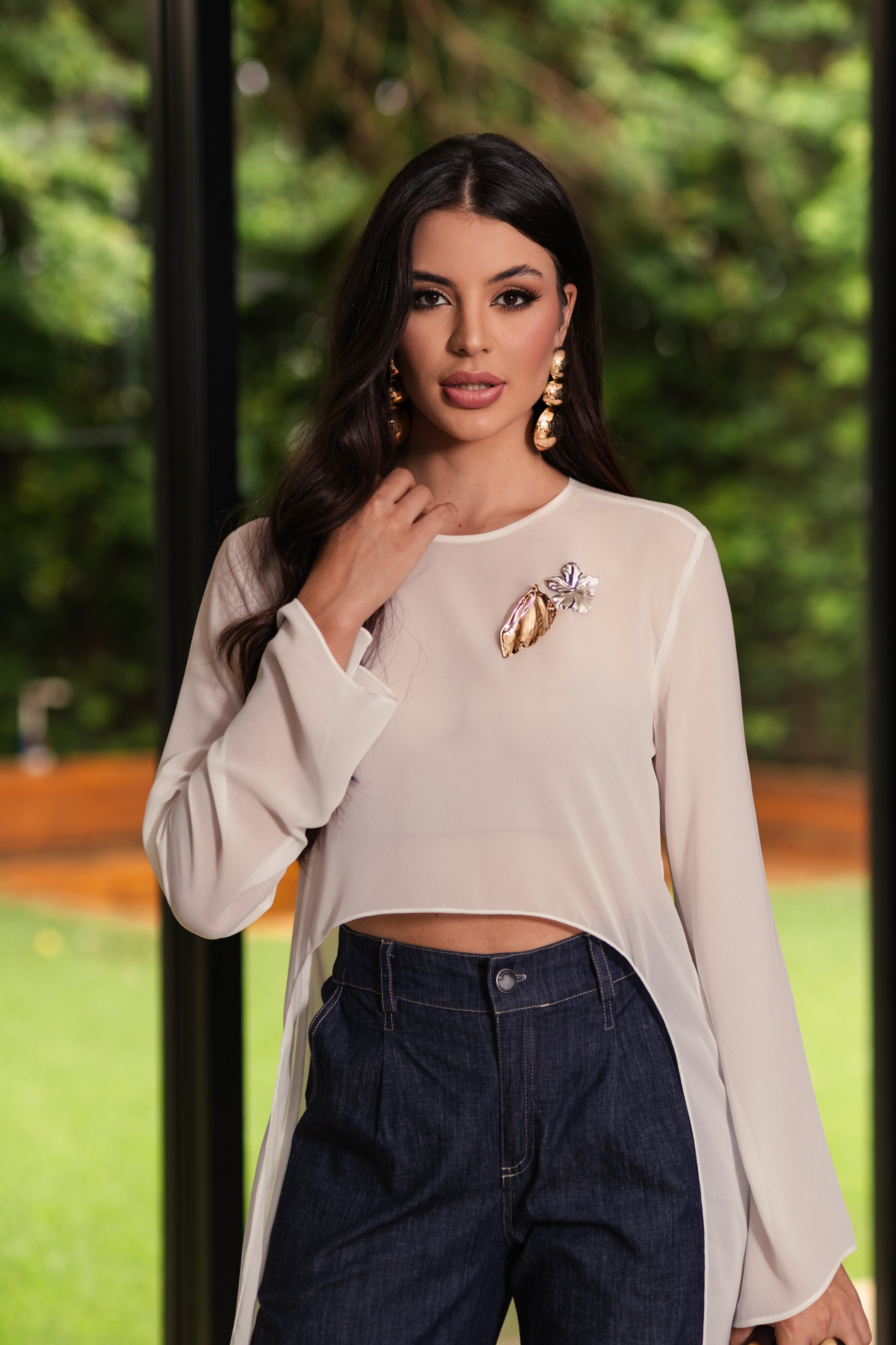 Blusa Túnica Off White com Mangas