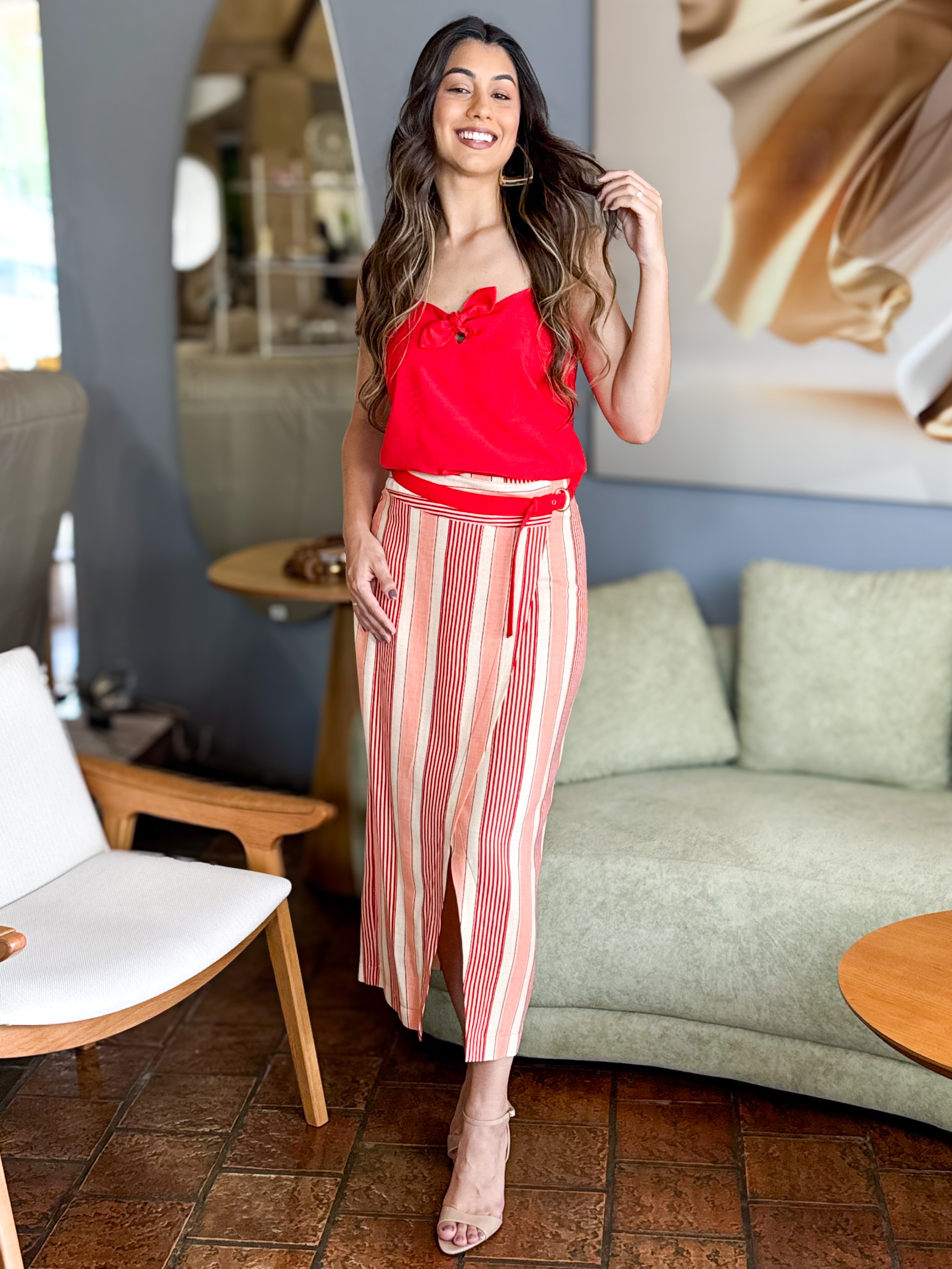 Saia Midi Vermelha Listrada Trespasse Frontal