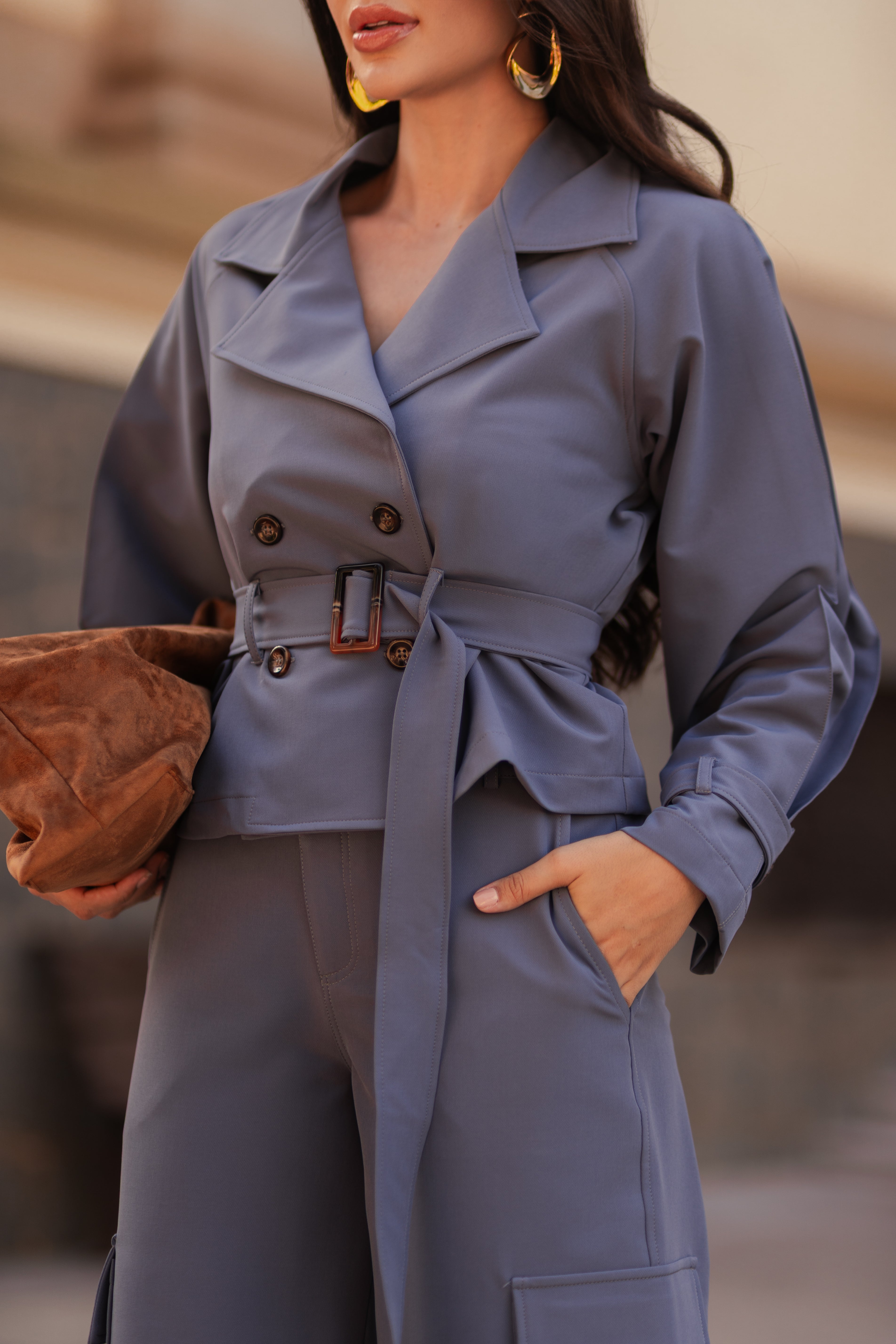 Trench Coat Cropped Azul