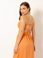 Vestido Midi Linho Laranja Amarração Duplas nas Costas 