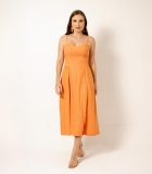 Vestido Midi Linho Laranja Amarração Duplas nas Costas 
