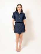 Short Saia Jeans Detalhe em Couro Barrado Assimétrico