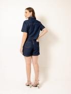 Short Saia Jeans Detalhe em Couro Barrado Assimétrico