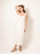 Vestido Midi Off White Linho Detalhe Hotfix no Busto
