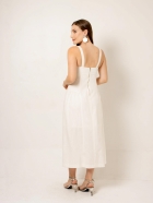 Vestido Midi Off White Linho Detalhe Hotfix no Busto