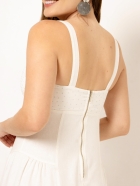 Vestido Midi Off White Linho Detalhe Hotfix no Busto