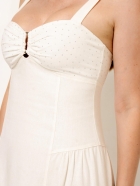 Vestido Midi Off White Linho Detalhe Hotfix no Busto