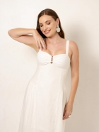 Vestido Midi Off White Linho Detalhe Hotfix no Busto