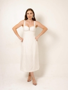 Vestido Midi Off White Linho Detalhe Hotfix no Busto