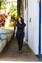 Conjunto Calça e Cropped Preto Risca de Giz Alfaiataria