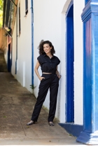 Conjunto Calça e Cropped Preto Risca de Giz Alfaiataria