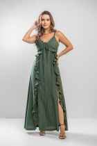 Vestido Longo Verde Babados e Fendas Frontais 