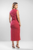Vestido Midi Cereja Malha Texturizada Fenda Frontal 