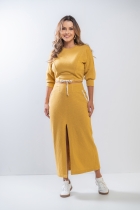 Conjunto Saia Midi Cropped Moletinho Mostarda