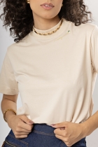 Camiseta Básica Easy Bege Gola Alta Algodão Egípcio