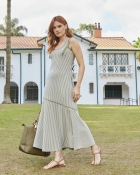 Vestido Mídi Listrado Verde Alças Duplas
