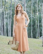 Vestido Mídi Laranja Cintura Marcada 