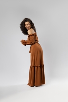 Vestido Marrom Ombro a Ombro com Faixa 